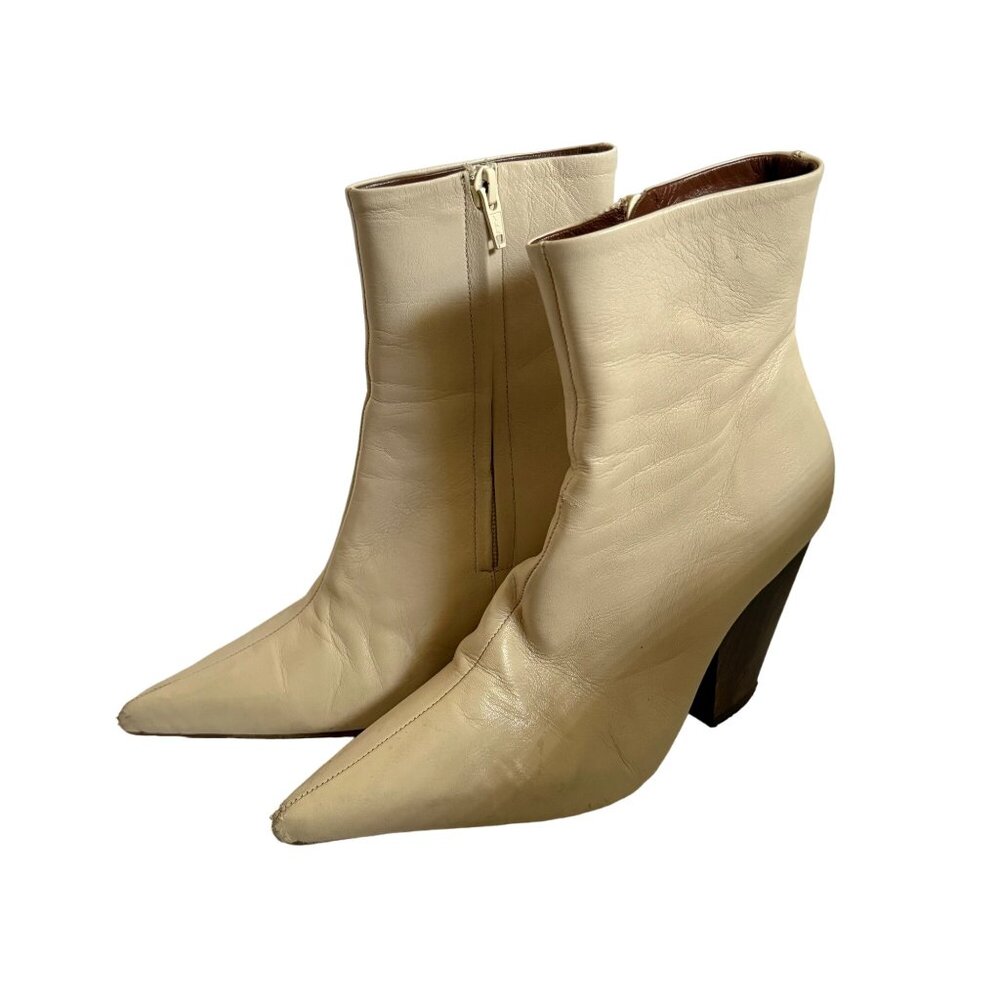 Simon Miller Cream Leather Pointed Stacked Heel Zip Ankle Boots Womens Size 36